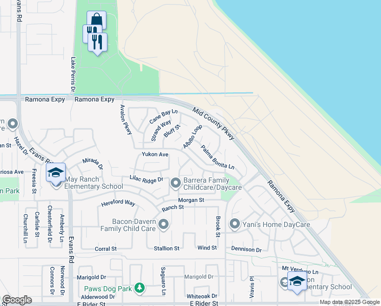map of restaurants, bars, coffee shops, grocery stores, and more near 1387 Alta Palma Road in Perris