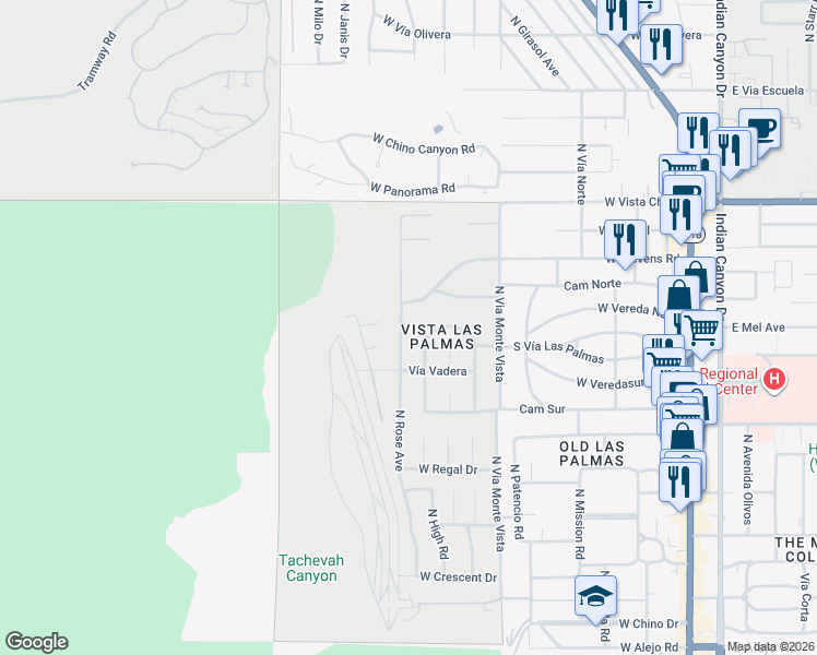 map of restaurants, bars, coffee shops, grocery stores, and more near 1326 North Rose Avenue in Palm Springs
