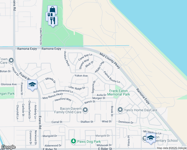 map of restaurants, bars, coffee shops, grocery stores, and more near 3801 Almansa Way in Perris