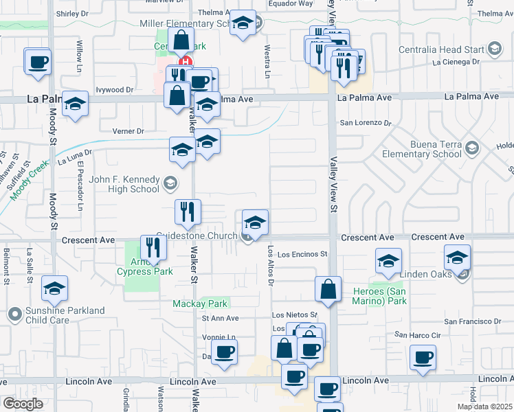 map of restaurants, bars, coffee shops, grocery stores, and more near 5695 Los Palos Circle in Buena Park