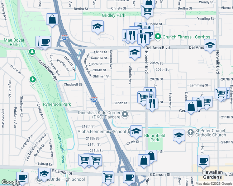 map of restaurants, bars, coffee shops, grocery stores, and more near 11615 208th Street in Lakewood