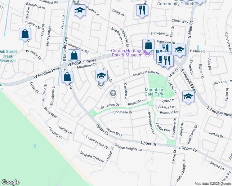 map of restaurants, bars, coffee shops, grocery stores, and more near 3280 Kentucky Lane in Corona