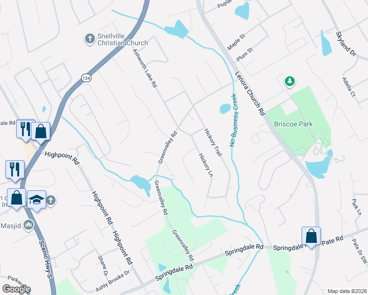 map of restaurants, bars, coffee shops, grocery stores, and more near 2756 Ashworth Lake Road in Snellville