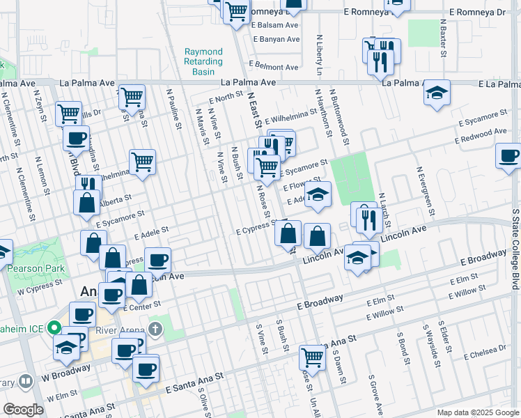 map of restaurants, bars, coffee shops, grocery stores, and more near 323 North Rose Street in Anaheim