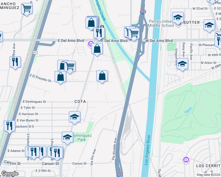 map of restaurants, bars, coffee shops, grocery stores, and more near 2888 East El Presidio Street in Carson