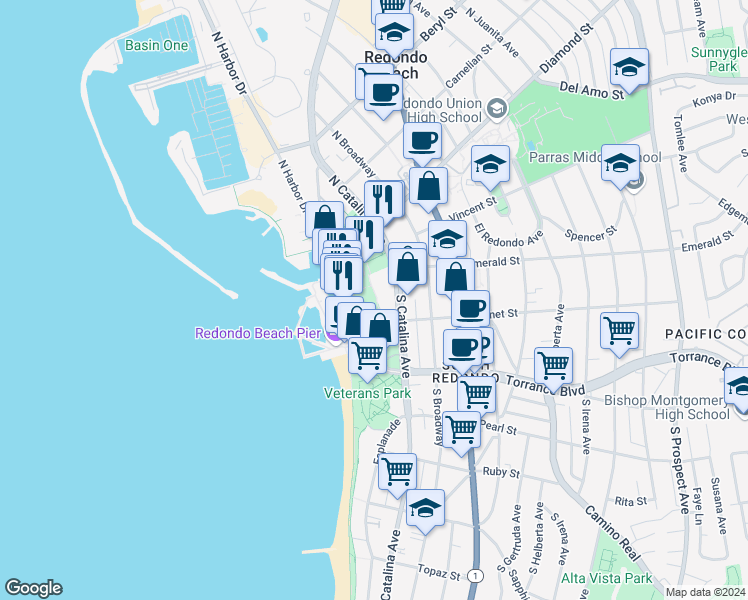 map of restaurants, bars, coffee shops, grocery stores, and more near in Redondo Beach