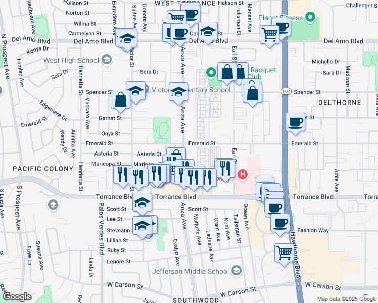 map of restaurants, bars, coffee shops, grocery stores, and more near 20900 Anza Avenue in Torrance