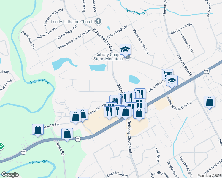 map of restaurants, bars, coffee shops, grocery stores, and more near 1988 Cliffton Terrace in Snellville