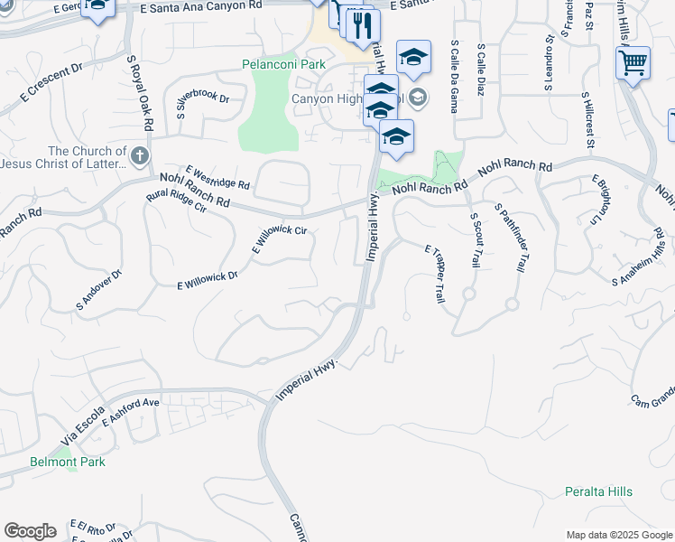 map of restaurants, bars, coffee shops, grocery stores, and more near 595 South Avenue Faro in Anaheim