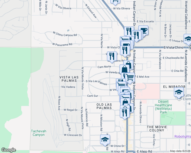 map of restaurants, bars, coffee shops, grocery stores, and more near 424 West Vereda Norte in Palm Springs