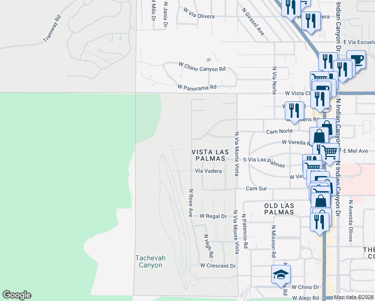 map of restaurants, bars, coffee shops, grocery stores, and more near 1032 West Capistrano Court in Palm Springs