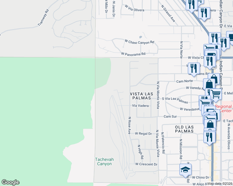 map of restaurants, bars, coffee shops, grocery stores, and more near 1153 West Dolores Court in Palm Springs