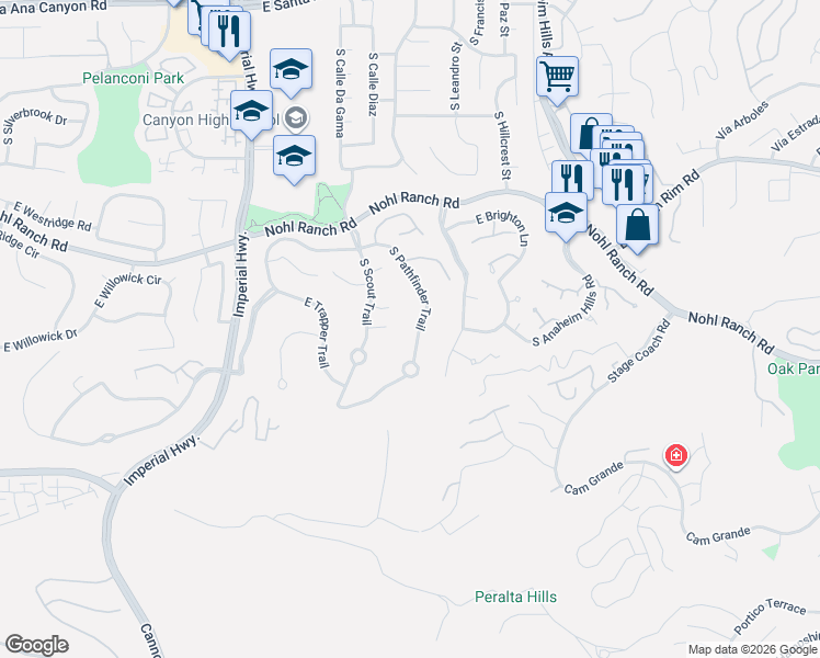 map of restaurants, bars, coffee shops, grocery stores, and more near 5985 East Settler Court in Anaheim