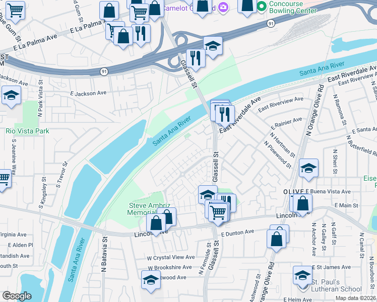 map of restaurants, bars, coffee shops, grocery stores, and more near 212 West Weeping Willow Avenue in Orange