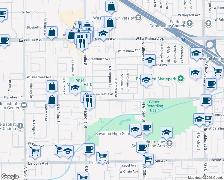 map of restaurants, bars, coffee shops, grocery stores, and more near 727 North Cambria Street in Anaheim
