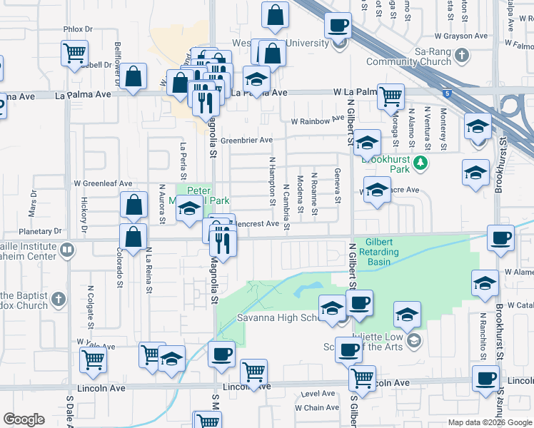 map of restaurants, bars, coffee shops, grocery stores, and more near 2536 West Greenacre Avenue in Anaheim