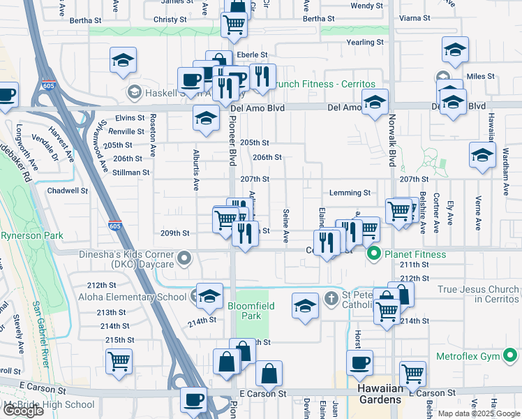 map of restaurants, bars, coffee shops, grocery stores, and more near 20732 Arline Avenue in Lakewood