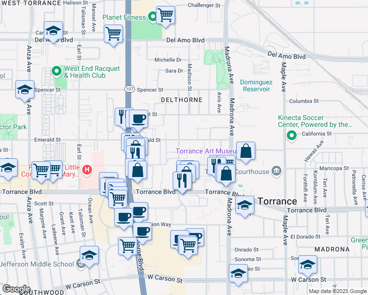 map of restaurants, bars, coffee shops, grocery stores, and more near 3535 Emerald Street in Torrance