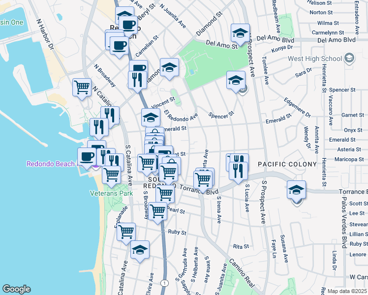 map of restaurants, bars, coffee shops, grocery stores, and more near 111 South Guadalupe Avenue in Redondo Beach
