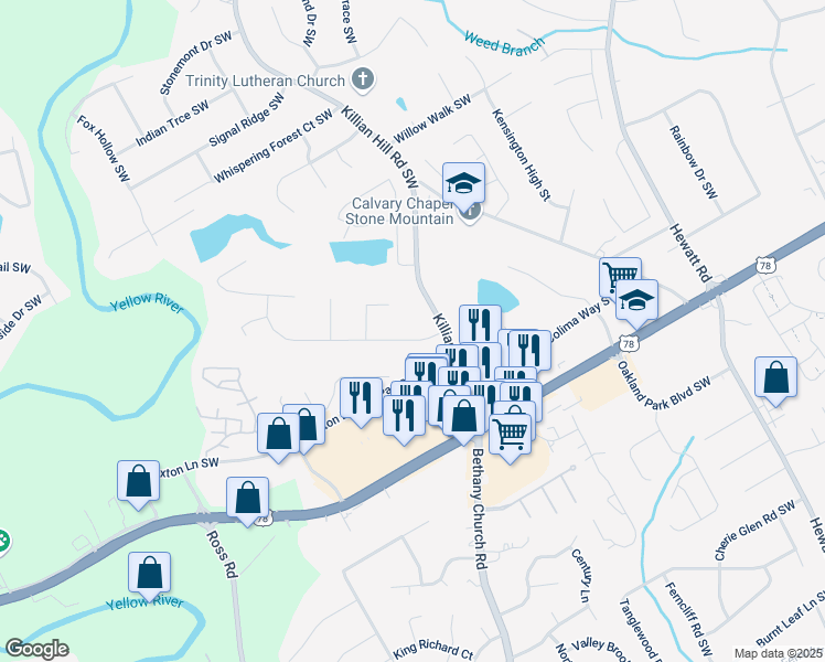 map of restaurants, bars, coffee shops, grocery stores, and more near 4033 Scenic Mountain Drive Southwest in Snellville