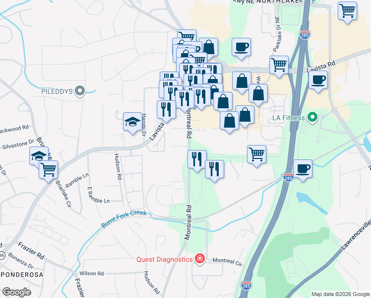 map of restaurants, bars, coffee shops, grocery stores, and more near 1956 Montreal Road in Tucker