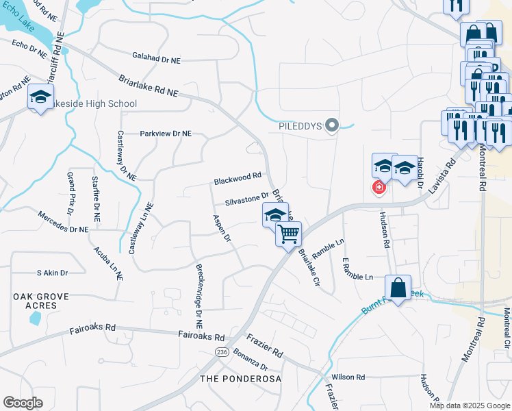 map of restaurants, bars, coffee shops, grocery stores, and more near 1933 Silvastone Drive in Decatur