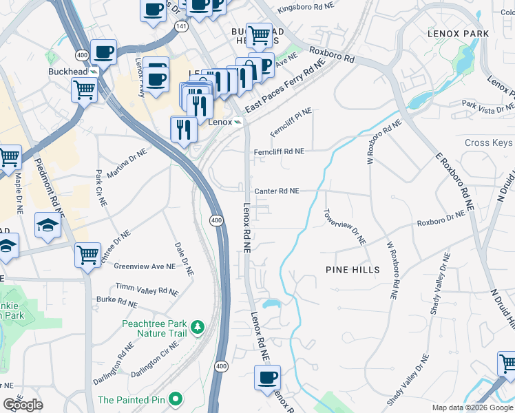 map of restaurants, bars, coffee shops, grocery stores, and more near 3127 Lenox Road Northeast in Atlanta