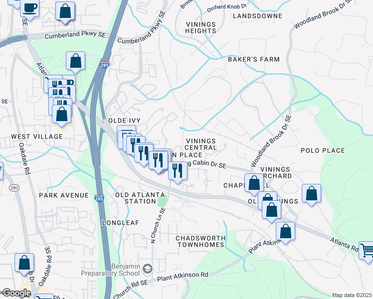 map of restaurants, bars, coffee shops, grocery stores, and more near 212 Cameron Place Southeast in Smyrna
