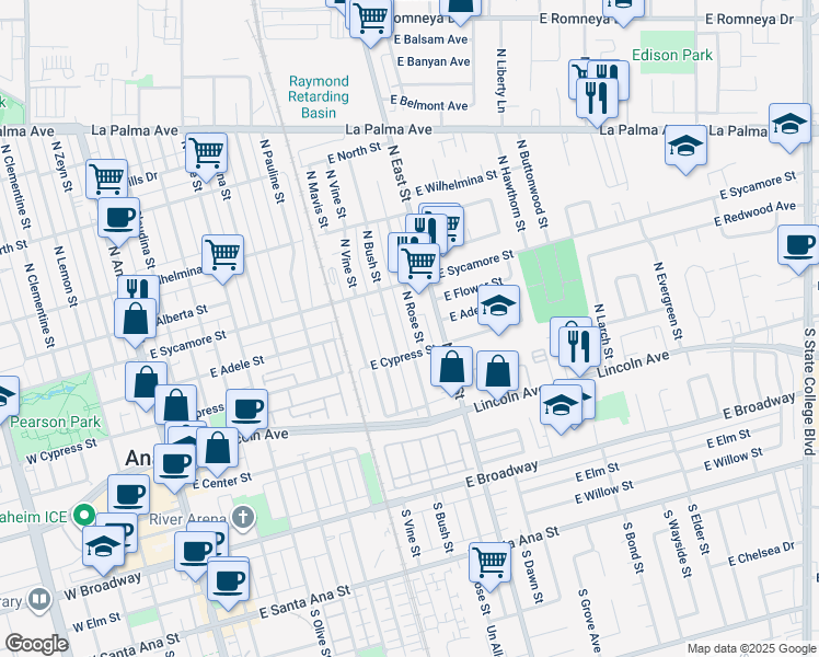 map of restaurants, bars, coffee shops, grocery stores, and more near in Anaheim