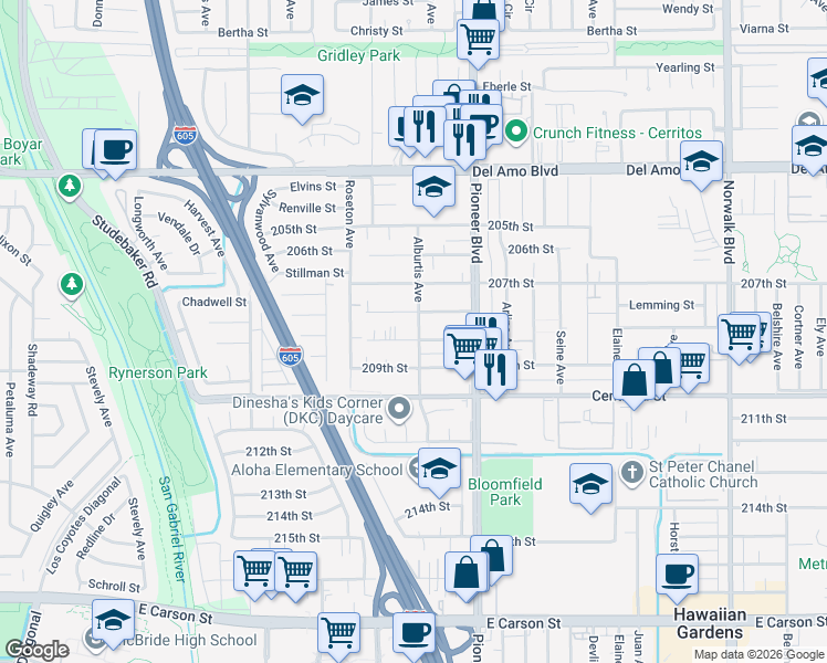 map of restaurants, bars, coffee shops, grocery stores, and more near 11659 208th Street in Lakewood