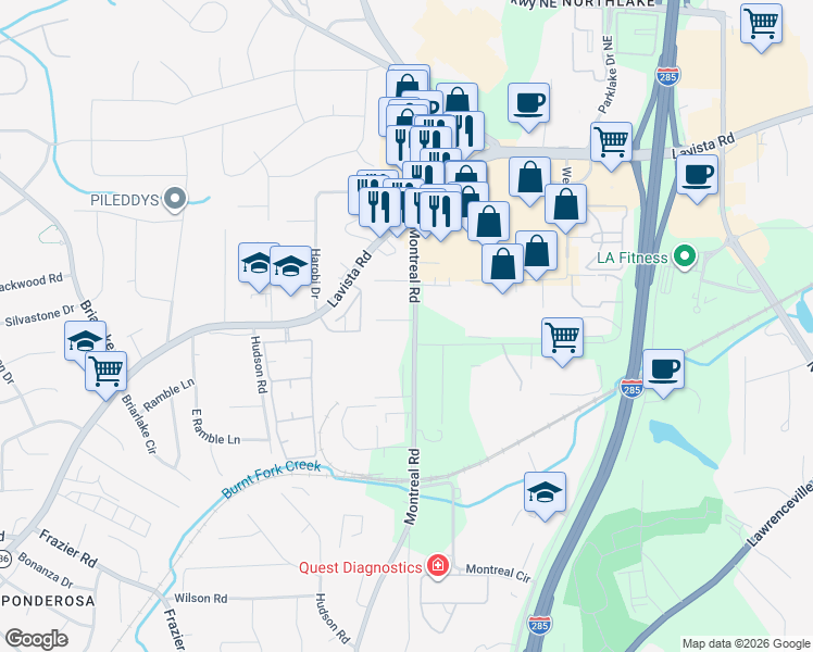 map of restaurants, bars, coffee shops, grocery stores, and more near 1956 Montreal Road in Tucker