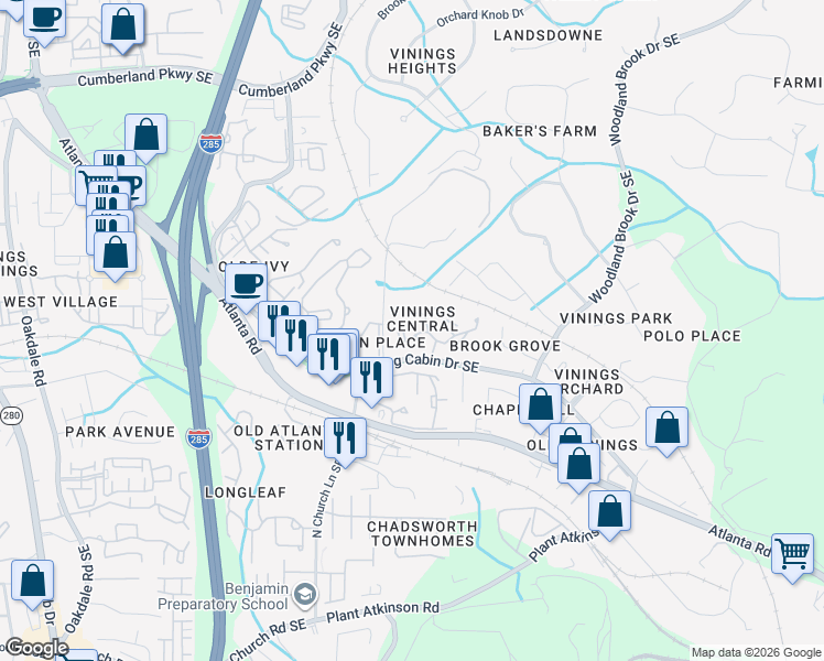 map of restaurants, bars, coffee shops, grocery stores, and more near in Atlanta