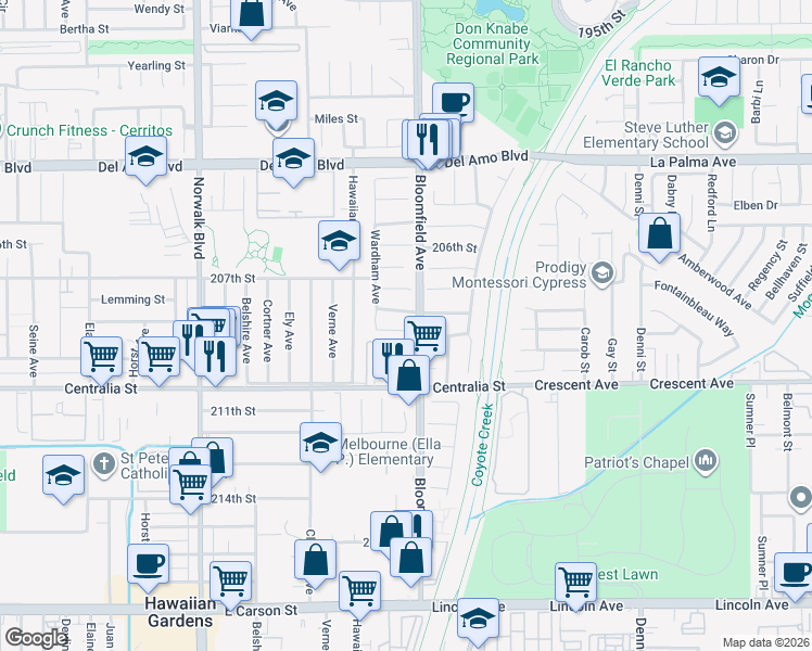 map of restaurants, bars, coffee shops, grocery stores, and more near 20755 Bloomfield Avenue in Lakewood