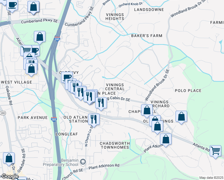 map of restaurants, bars, coffee shops, grocery stores, and more near 2697 Vinings Central Run Southeast in Atlanta