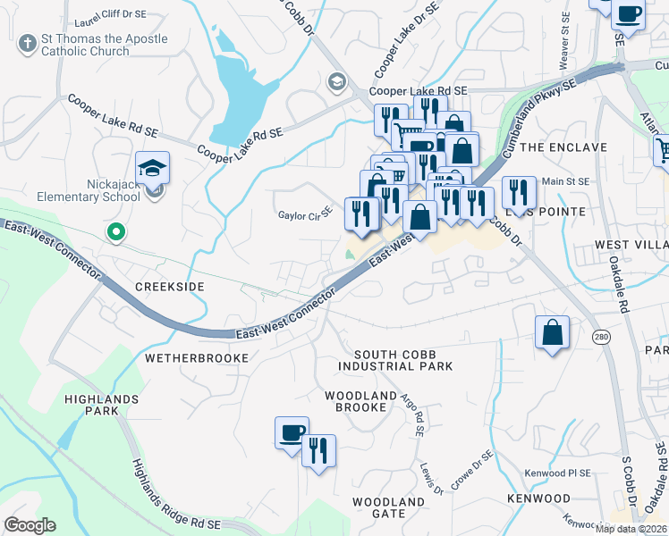 map of restaurants, bars, coffee shops, grocery stores, and more near 4683 Wehunt Commons Drive in Smyrna