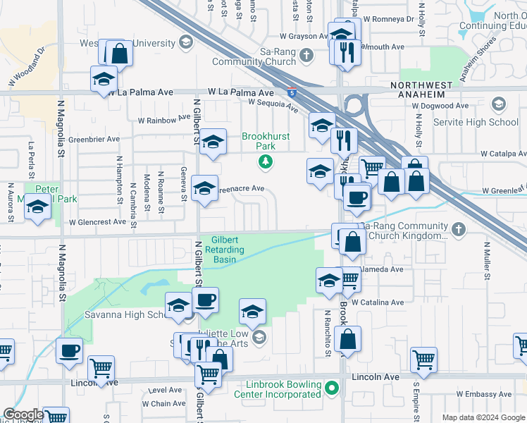map of restaurants, bars, coffee shops, grocery stores, and more near 624 North Alamo Street in Anaheim