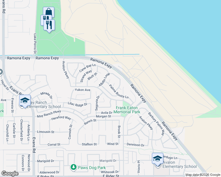 map of restaurants, bars, coffee shops, grocery stores, and more near 3893 Moravia Court in Perris