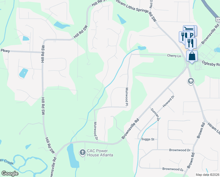 map of restaurants, bars, coffee shops, grocery stores, and more near 4587 Muirwood Cir in Powder Springs