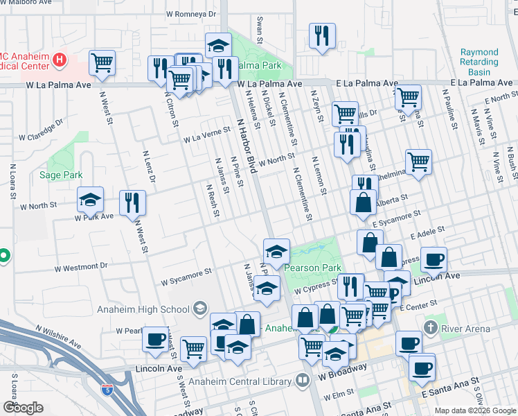 map of restaurants, bars, coffee shops, grocery stores, and more near 723 North Harbor Boulevard in Anaheim