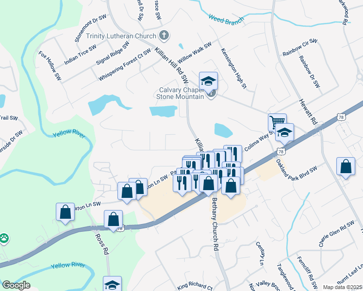 map of restaurants, bars, coffee shops, grocery stores, and more near 4043 Scenic Mountain Drive Southwest in Snellville