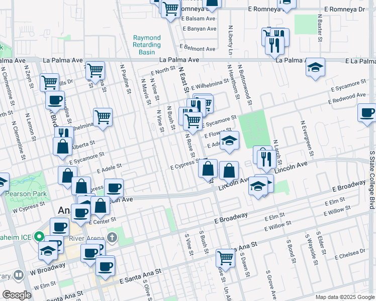 map of restaurants, bars, coffee shops, grocery stores, and more near 323 North Rose Street in Anaheim