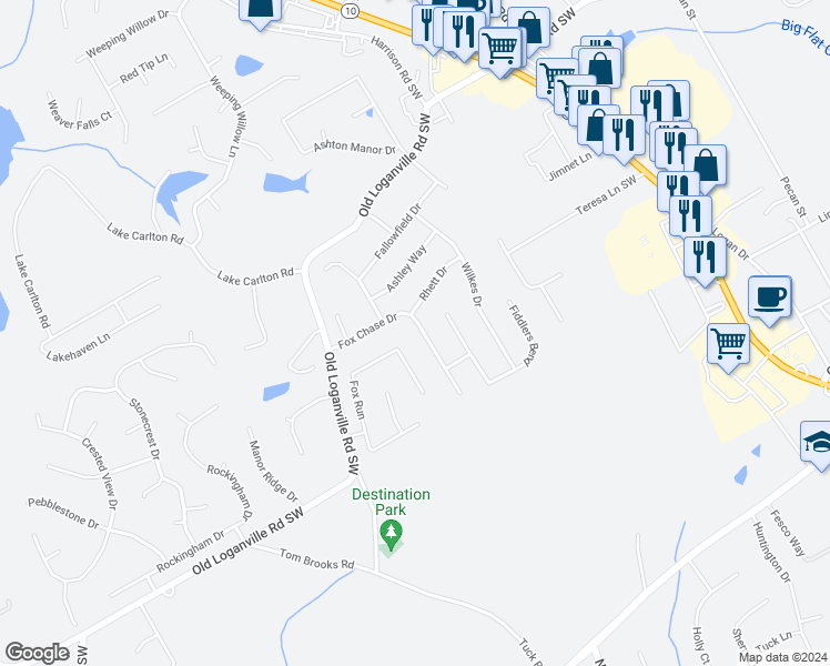 map of restaurants, bars, coffee shops, grocery stores, and more near 4215 Fox Chase Drive in Loganville