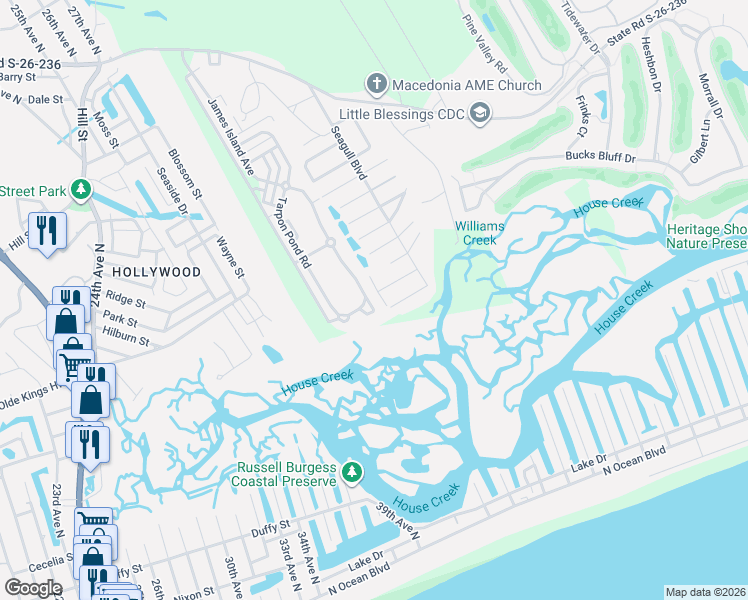 map of restaurants, bars, coffee shops, grocery stores, and more near 4507 Osprey Street in North Myrtle Beach
