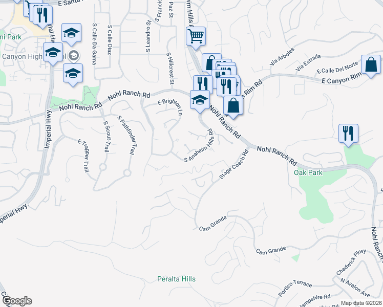 map of restaurants, bars, coffee shops, grocery stores, and more near 6070 East Summit Court in Anaheim