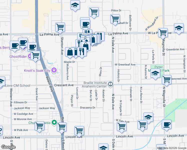 map of restaurants, bars, coffee shops, grocery stores, and more near 8425 Saturn Drive in Buena Park