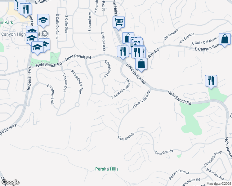 map of restaurants, bars, coffee shops, grocery stores, and more near 6070 East Summit Court in Anaheim
