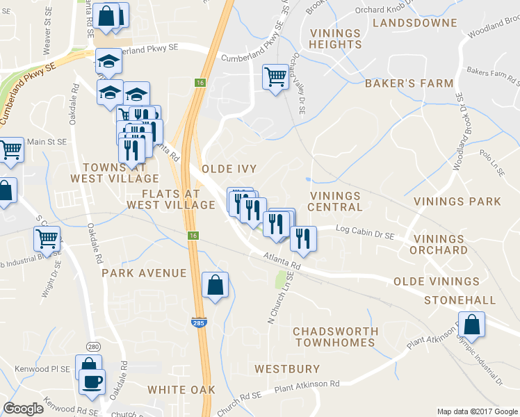 map of restaurants, bars, coffee shops, grocery stores, and more near 539 Tamarron Parkway Southeast in Smyrna
