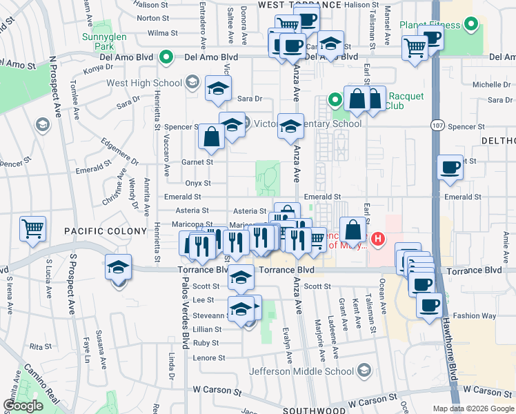 map of restaurants, bars, coffee shops, grocery stores, and more near 4807 Asteria Street in Torrance