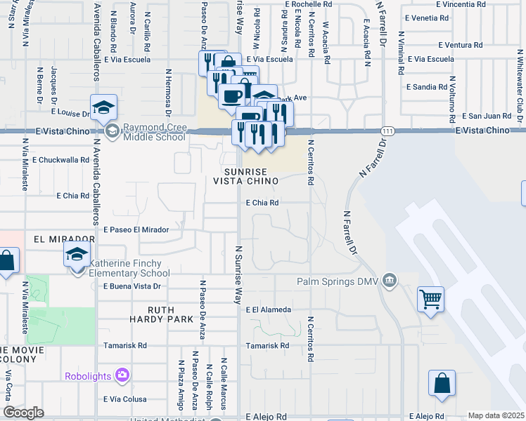 map of restaurants, bars, coffee shops, grocery stores, and more near 1800 Paseo Raqueta in Palm Springs
