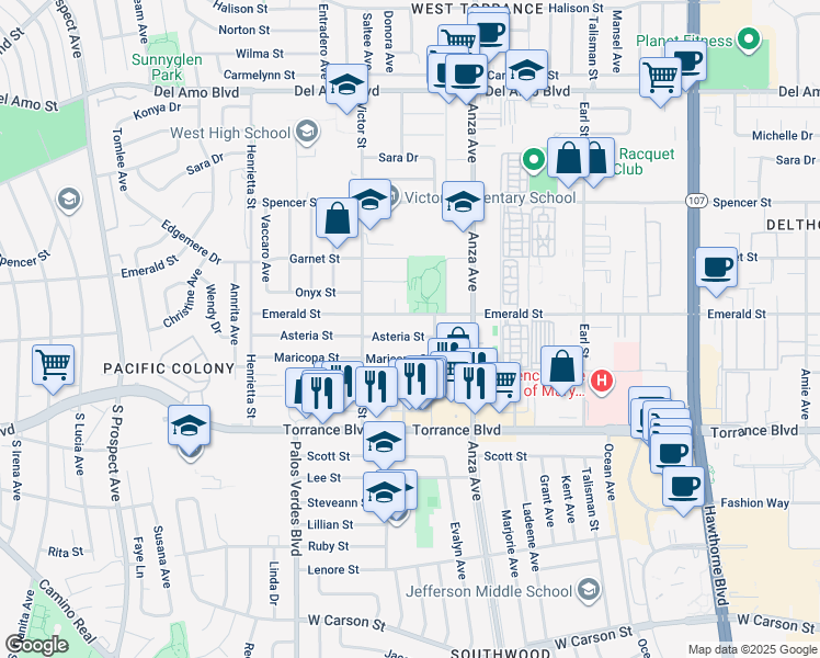 map of restaurants, bars, coffee shops, grocery stores, and more near 4807 Asteria Street in Torrance